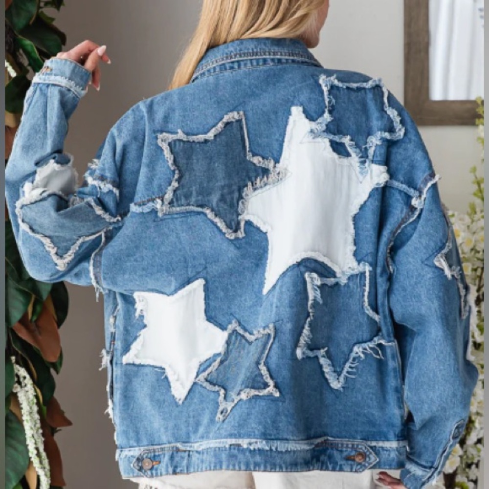 444. OLI & HALI Denim oversized WASHED STAR PATCHWORK DENIM JACKET - Picture 4 of 7